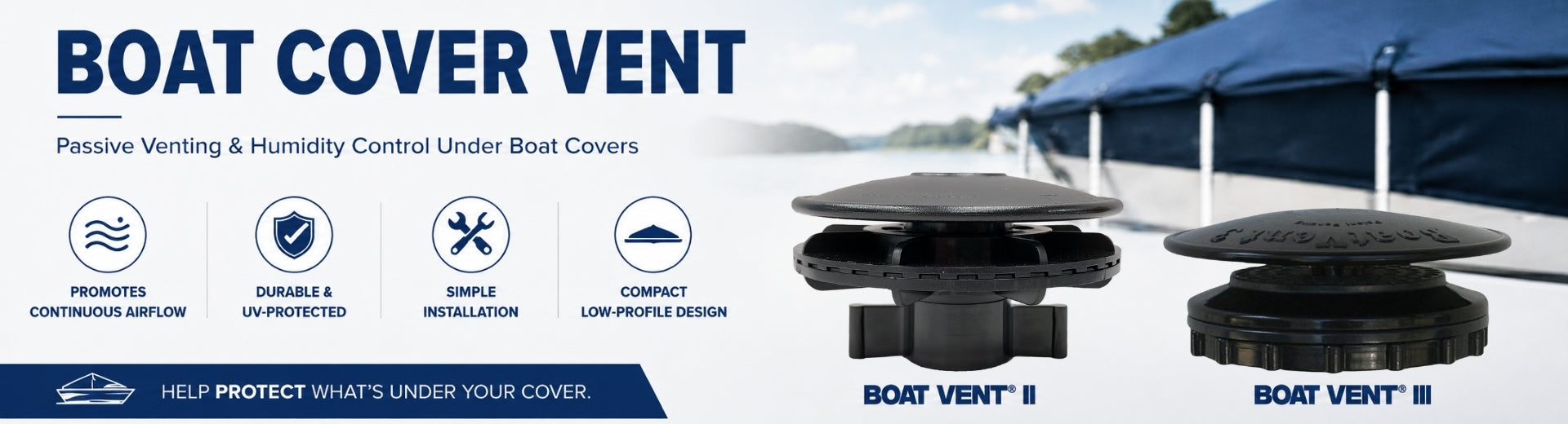 Boat cover vent 2 and vent 3 with product features and branding on a promotional banner.