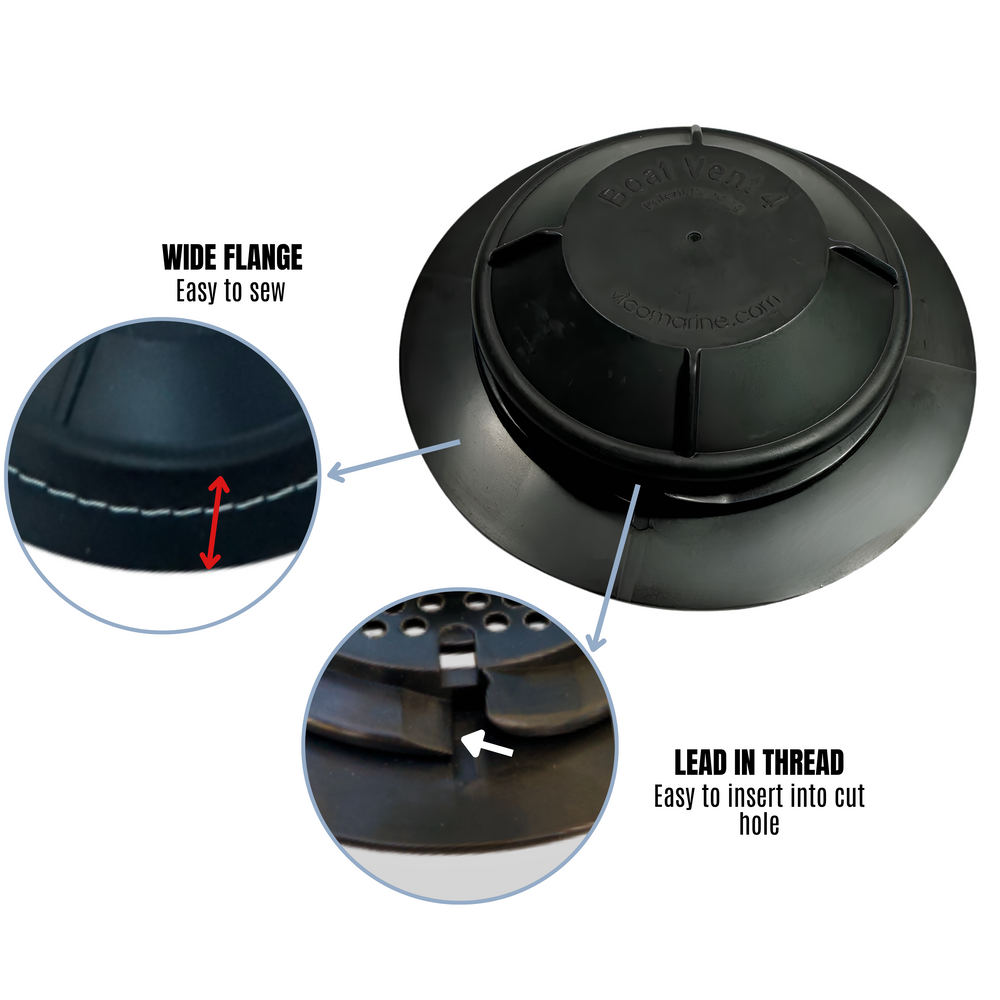 Black plastic component with labeled features on a white background