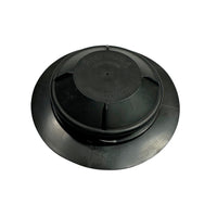 Black plastic drain cover on a white background